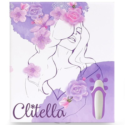 Caixa de produto Clitella com ilustração feminina e flores lilás