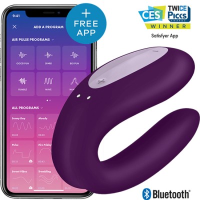 Dispositivo sexual de silicone roxo com app Satisfyer num smartphone