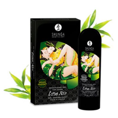 Gel sensorial Lotus Noir da Shunga com embalagem preta e arte de casal.
