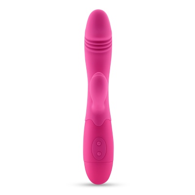 Vibrador rosa em silicone com textura e dois botões circulares na base