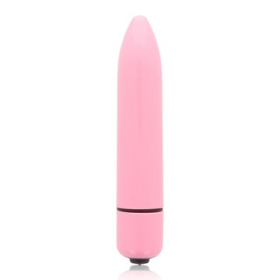 Vibrador pequeno rosa cilíndrico com ponta arredondada sobre fundo branco