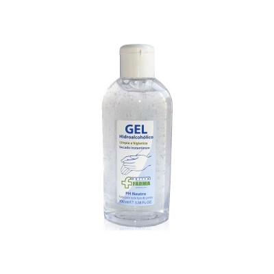 Frasco de gel hidroalcoólico transparente com rótulo branco e texto azul e verde