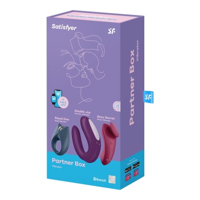 Embalagem roxa e azul do Satisfyer Partner Box com desenhos lineares e imagens dos vibradores incluídos