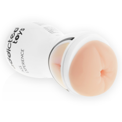 Dispositivo cilíndrico branco com parte em silicone cor de pele e texto preto Addicted toys ASS EXPERIENCE