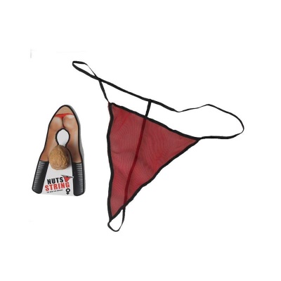 Cueca string masculina vermelha com bordas negras e embalagem com etiqueta NUTS STRING