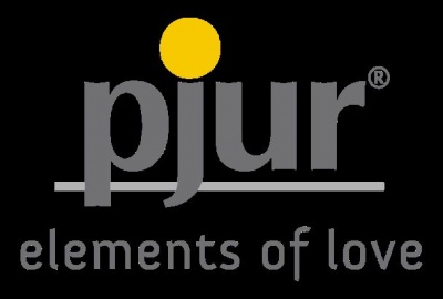 Logotipo pjur com ponto amarelo e texto em fundo preto