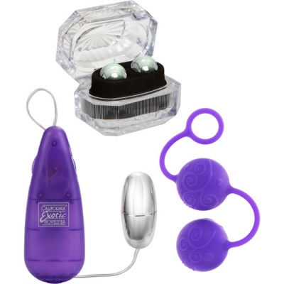 Conjunto de produtos eróticos com bolas metálicas, controle roxo e bolas do amor roxas decoradas