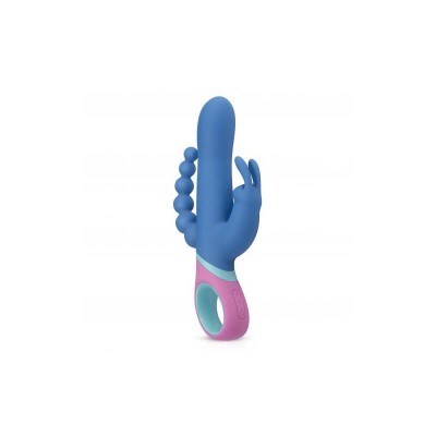Vibrador azul com punho rosa e detalhes anatómicos e texturizados