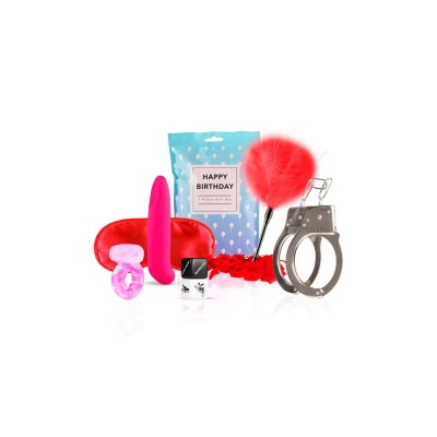 Kit de acessórios eróticos com venda, vibrador, anel, algemas com pompom, batom e embalagem azul com HAPPY BIRTHDAY