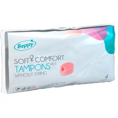 Embalagem branca de tampões Beppy Soft Comfort com texto e imagem de tampão cor-de-rosa