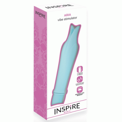 Embalagem branca e rosa com vibrador azul e texto INSPIRE BASIC