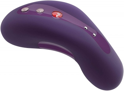 Produto eletrônico ergonômico roxo com botões cinzentos e vermelho