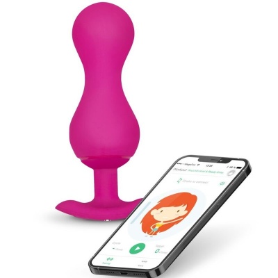 Produto em silicone rosa ao lado de um smartphone com app aberto