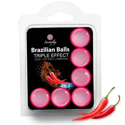 Embalagem de bolas brasileiras Secret Play Brazilian Balls TRIPLE EFFECT com seis bolas cor rosa claro.