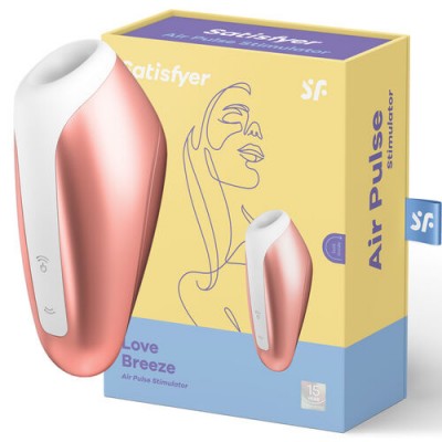 Dispositivo Air Pulse Satisfyer Love Breeze branco e rosa metálico com caixa amarela e azul