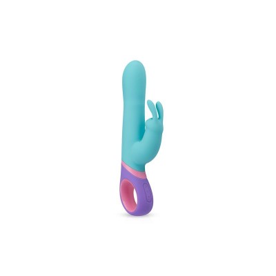 Vibrador azul com punho roxo e rosa e apêndice em forma de coelho
