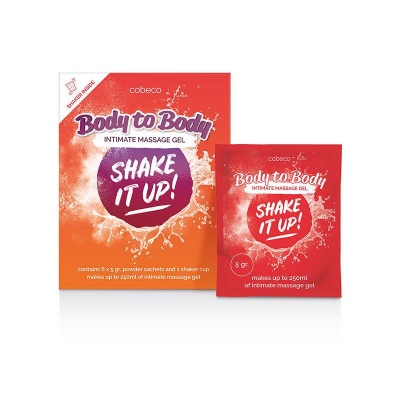 Embalagem de gel de massagem íntima Body to Body da Cobeco com texto Shake It Up em vermelho e laranja