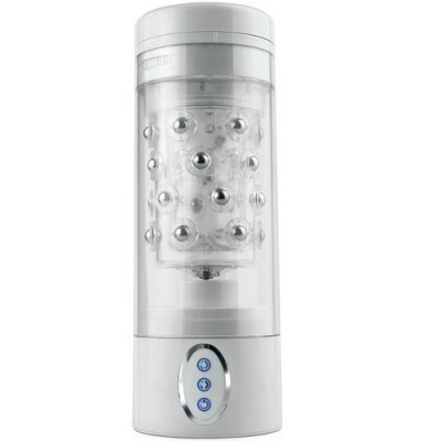 Dispositivo cilíndrico branco e transparente com esferas metálicas internas