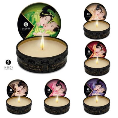 Cinco velas aromáticas com tampas decoradas em estilo japonês antigo, pavios acesos, marca SHUNGA