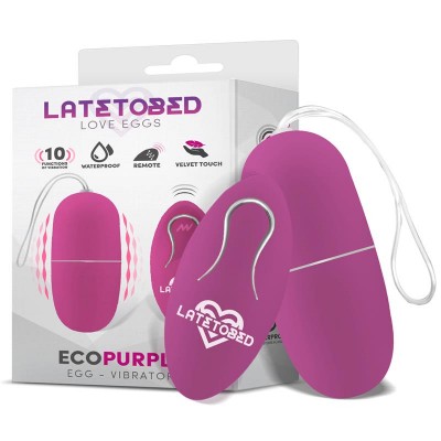 vibrador em forma de ovo roxo com controle remoto, embalagem LATETOBED ao fundo