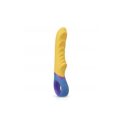Vibrador anatómico amarelo e roxo com textura ondulada