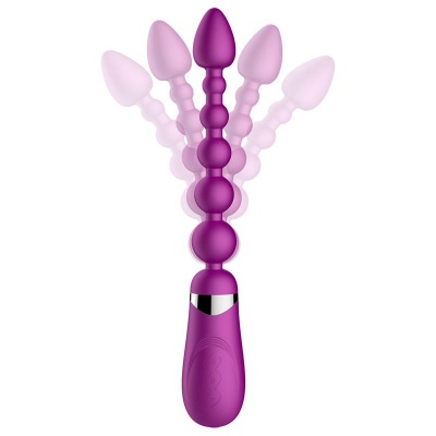 Massageador em silicone roxo com esferas em sequência e base ergonômica