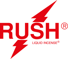 Logótipo vermelho com a palavra RUSH e texto LIQUID INCENSE®