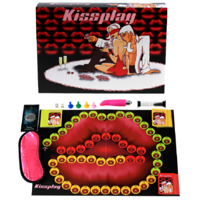 Jogo de tabuleiro íntimo Kissplay com tabuleiro em forma de lábios e acessórios coloridos