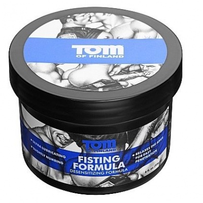 Frasco preto com rótulo azul e branco do produto Tom of Finland Fisting Formula