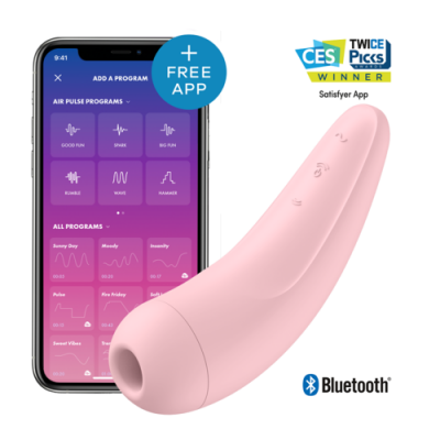 Dispositivo rosa claro com botões e smartphone com app de controle, texto CES WINNER e Bluetooth