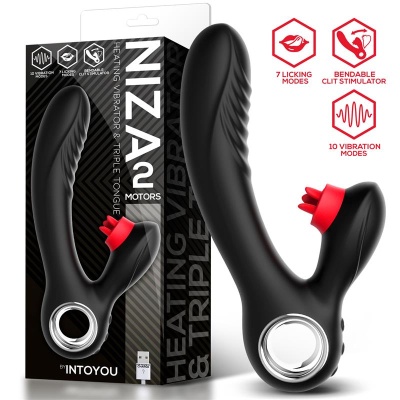 Vibrador preto com estimulador vermelho e circular prata ao lado da embalagem preta com texto