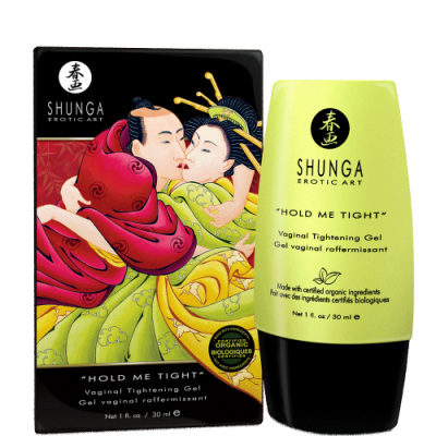 Gel vaginal SHUNGA 'HOLD ME TIGHT' 30 ml em tubo amarelo com caixa preta e imagem de casal japonês estilizado