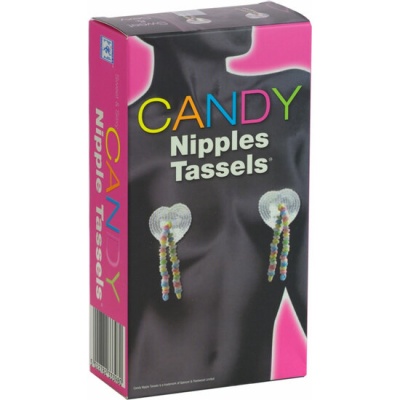 Embalagem do produto CANDY Nipples Tassels com imagem de dois tassels coloridos em fundo preto e rosa