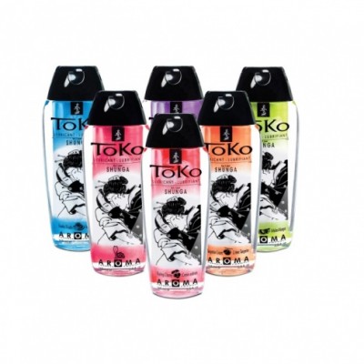 Frascos coloridos de gel para massagem Toko Shunga com tampa preta e rótulo ilustrado