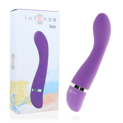 Vibrador roxo com embalagem branca com texto 'intense leo'