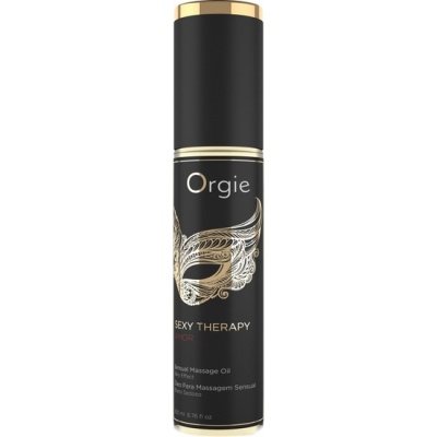 Frasco preto de óleo de massagem Orgie com detalhes dourados e máscara prateada