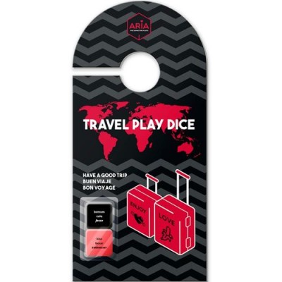 Cartaz preto com dados vermelhos Travel Play Dice e logótipo ARIA