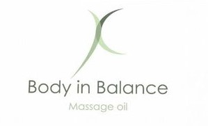Logótipo com texto 'Body in Balance Massage oil' e símbolo abstrato verde