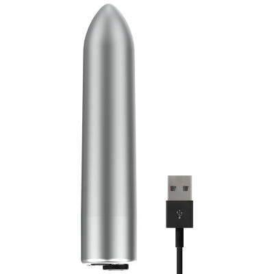Vibrador prateado metálico cilíndrico com cabo USB preto