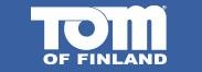 Logo com o texto TOM OF FINLAND em branco sobre fundo azul