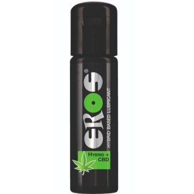 Frasco preto de lubricante híbrido CBD com rótulo verde