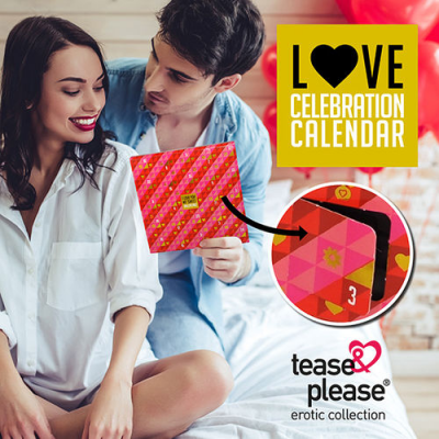 Caixa quadrada vermelha e rosa com padrão geométrico e número 3, calendário Love Celebration