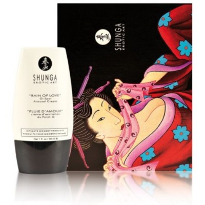 Frasco do produto 'RAIN OF LOVE' da marca SHUNGA à frente de caixa preta com ilustração feminina colorida
