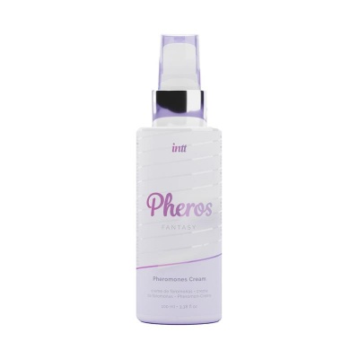Frasco branco de creme com rótulo Pheros Fantasy e spray transparente