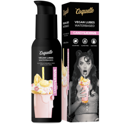 Lubrificante vegano Coquette Candylicious com batido rosa e mulher a beber na embalagem