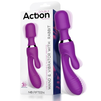 vibrador roxo em silicone com estimulador tipo coelho e embalagem com texto