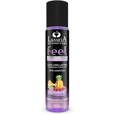 Frasco de lubrificante Luxuria Feel Tutti Frutti 60 ml com rótulo preto e roxo