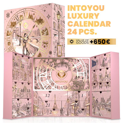 Calendário do advento rosa com ilustrações urbanas, mostrador de relógio e texto INTO YOU LUXURY CALENDAR 24 PCS.