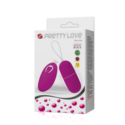 Caixa de produto Pretty Love Arvin com vibrador roxo e texto detalhado