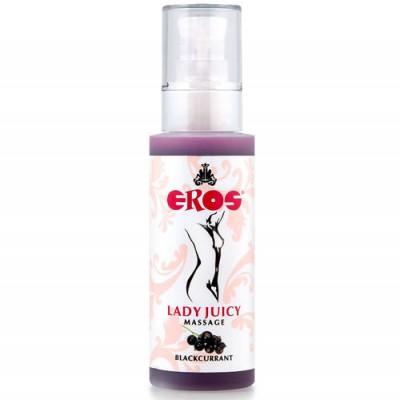 Frasco com líquido roxo e rótulo branco rosa EROS Lady Juicy Massage Blackcurrant